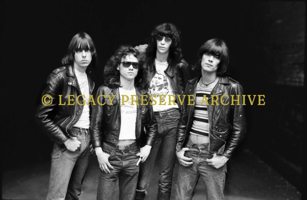 The Ramones punk rock band posing in Central Park New York City 1976 35mm film photography