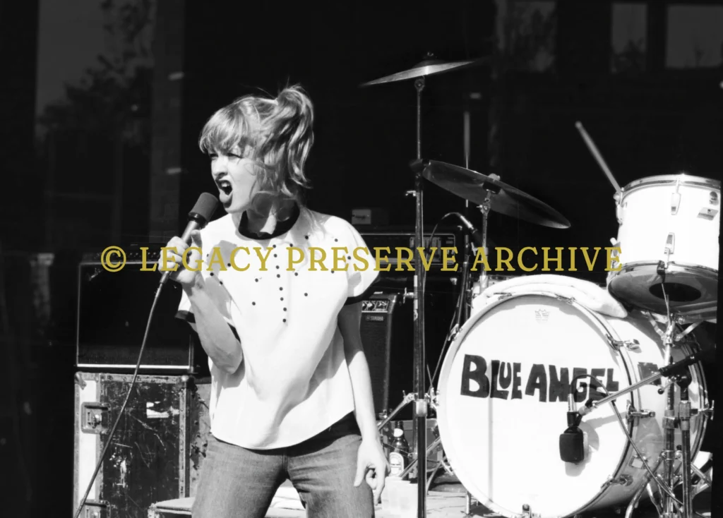 Cyndi Lauper performing with Blue Angel at Fairleigh Dickinson University 1981 photographed by David Gahr 35mm film
